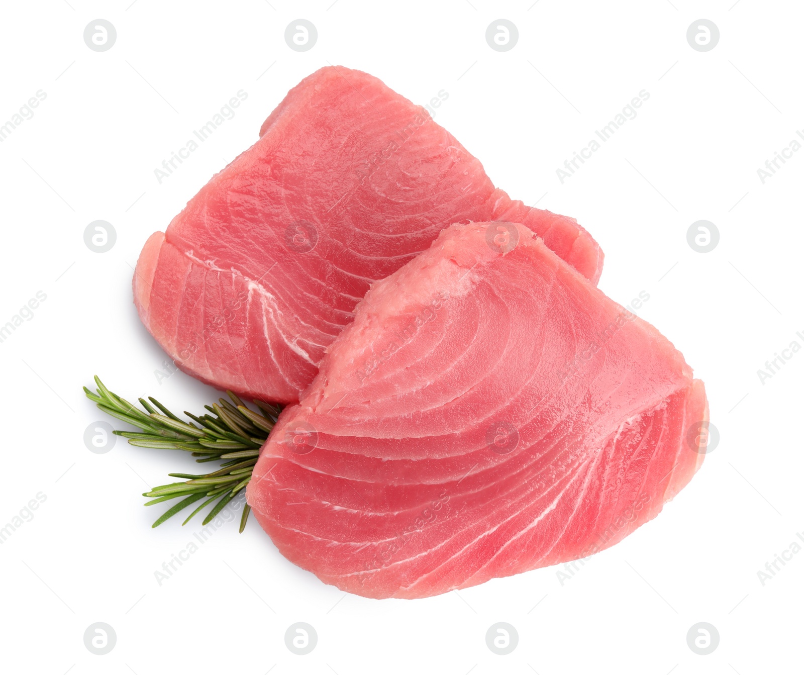 Photo of Raw tuna fillets with rosemary on white background, top view