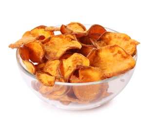 Photo of Bowl of tasty sweet potato chips isolated on white