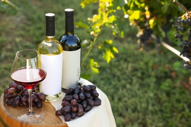 Composition with wine and ripe grapes on barrel in vineyard