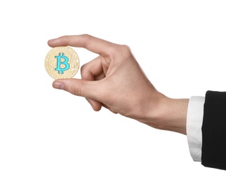 Person holding bitcoin isolated on white, closeup