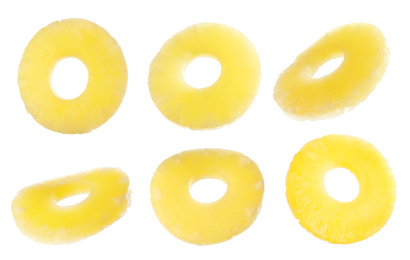 Image of Canned pineapple rings flying on white background, banner design 