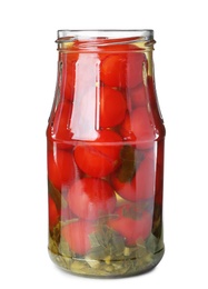 Glass jar with pickled tomatoes isolated on white