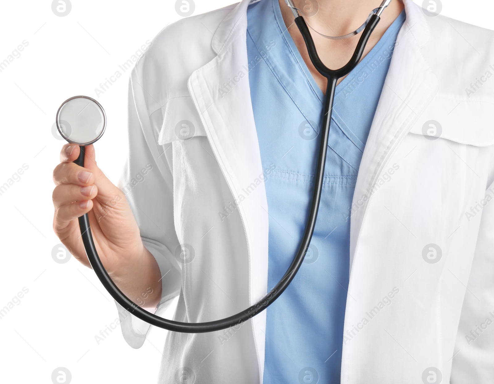 Photo of Doctor with stethoscope on white background, closeup. Medical service