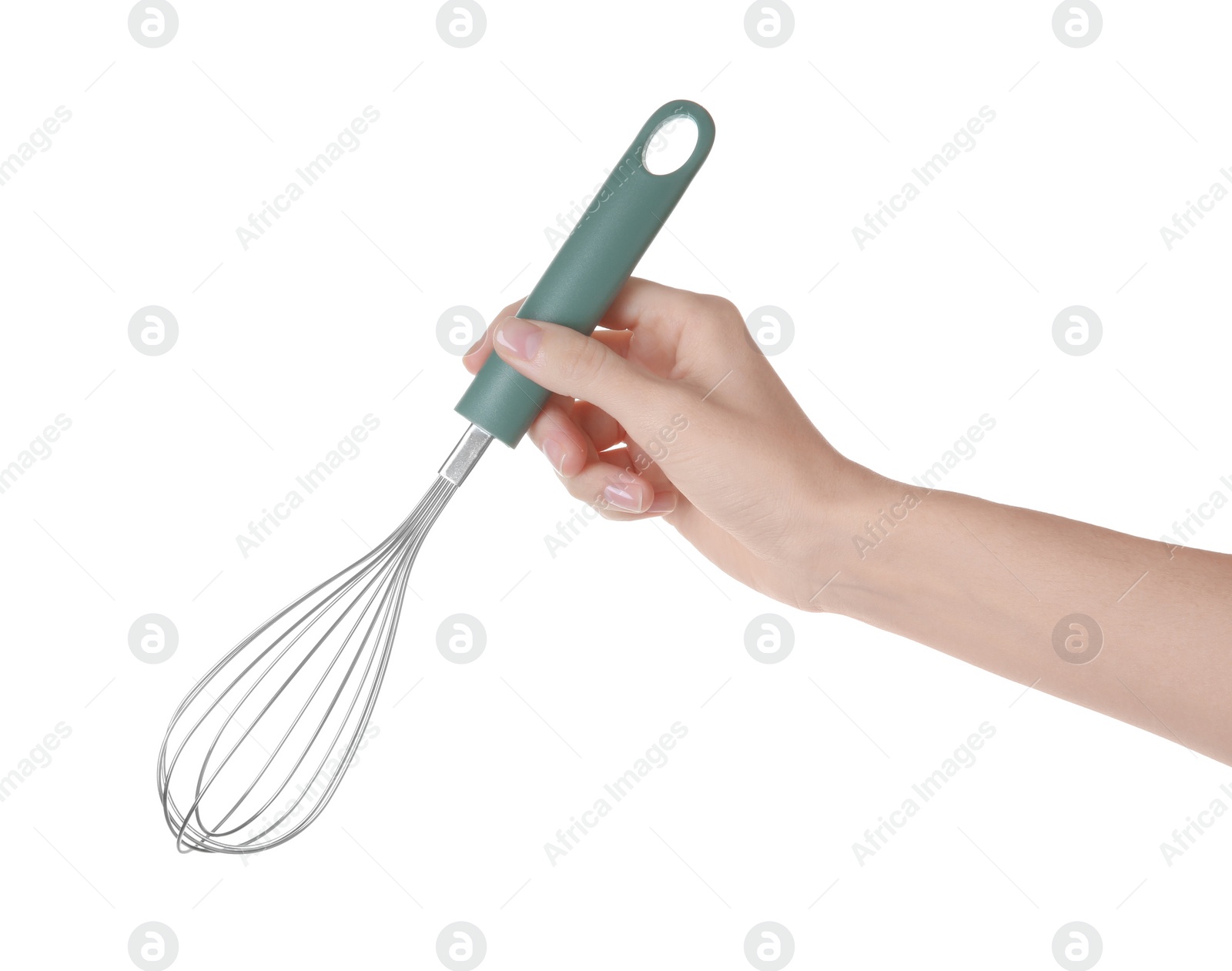 Photo of Woman holding metal whisk on white background, closeup