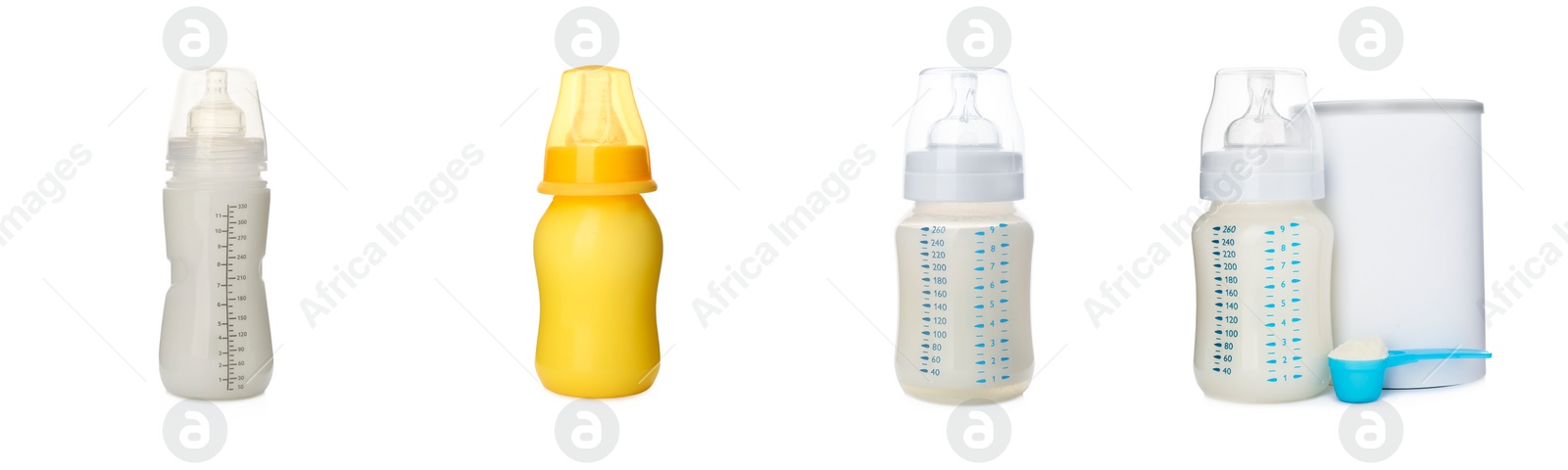 Image of Feeding bottles with infant formula on white background, collage. Baby milk