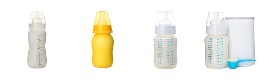 Image of Feeding bottles with infant formula on white background, collage. Baby milk