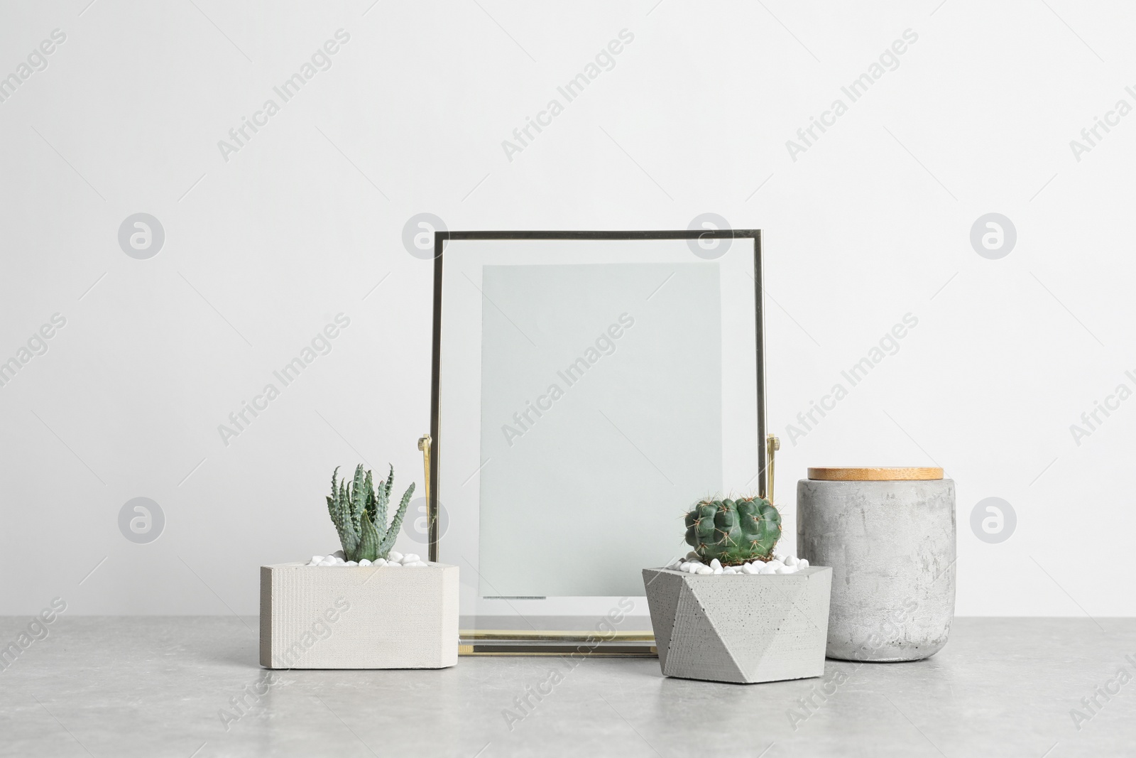 Photo of Blank frame and beautiful succulent plants on table against light background, space for design. Home decor
