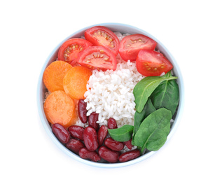 Photo of Tasty rice with beans and vegetables isolated on white, top view