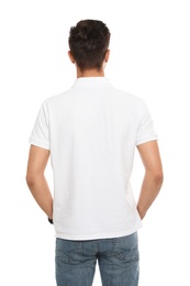 Photo of Young man in t-shirt on white background. Mock up for design