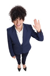 Photo of Beautiful businesswoman in suit on white background, above view