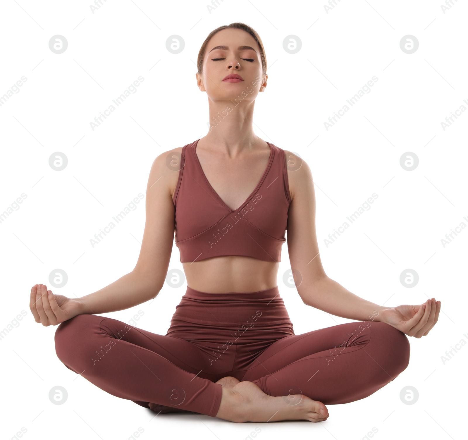 Photo of Beautiful young woman meditating on white background