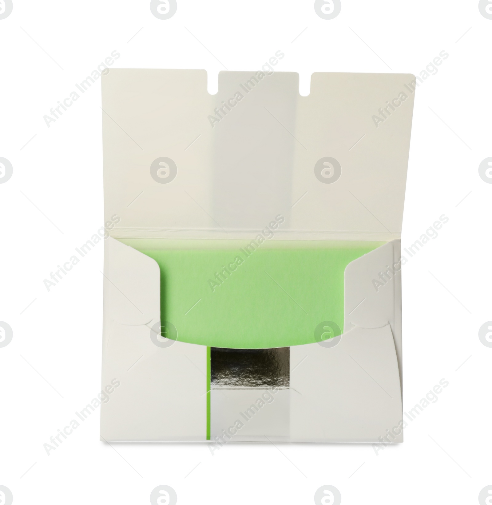 Photo of Package of facial oil blotting tissues isolated on white. Mattifying wipes