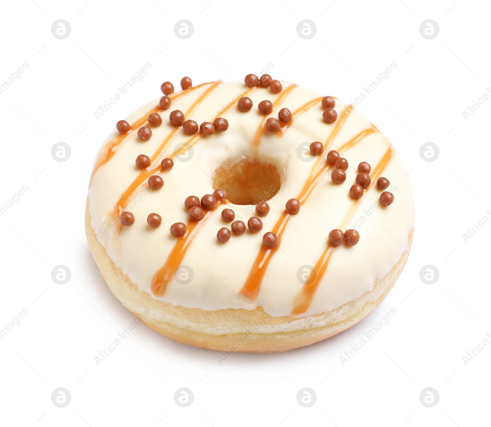 Photo of Sweet delicious glazed donut on white background