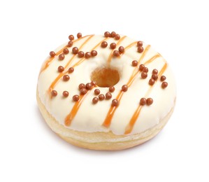 Photo of Sweet delicious glazed donut on white background