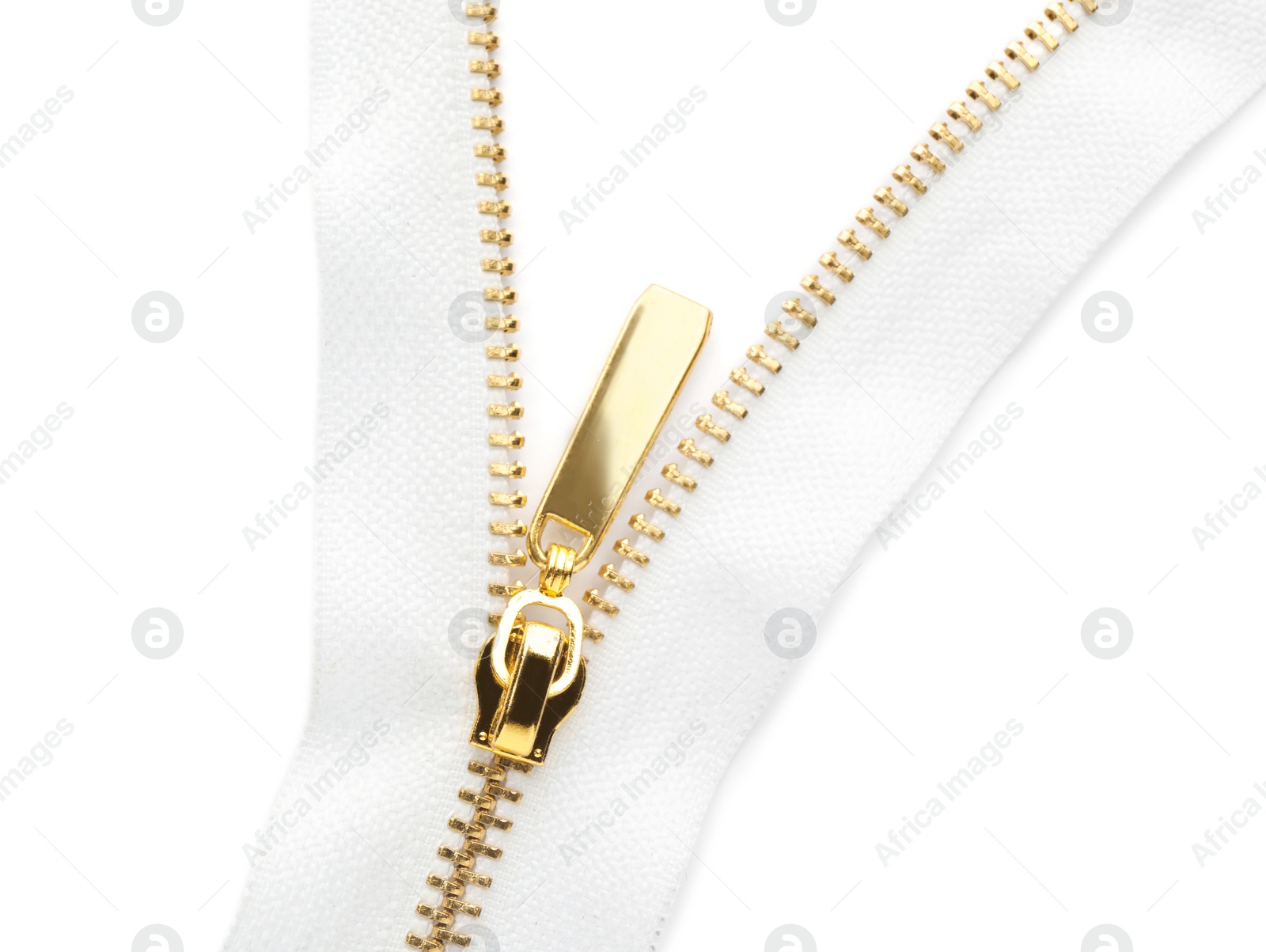 Photo of Golden zipper on white background, top view