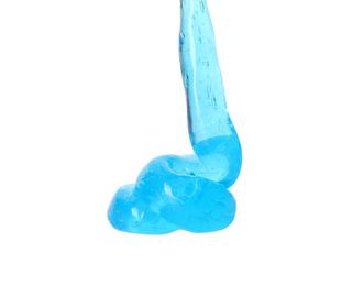 Flowing light blue slime on white background. Antistress toy