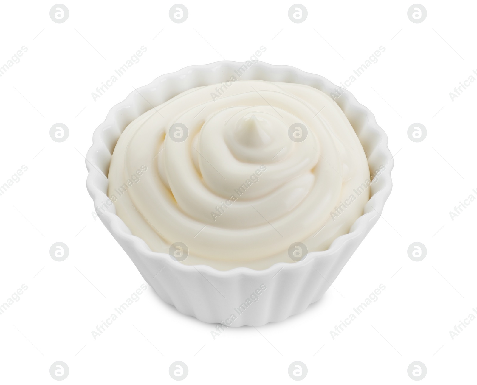 Photo of Fresh mayonnaise sauce in bowl isolated on white