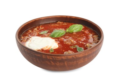 Photo of Bowl of delicious stuffed pepper soup on white background