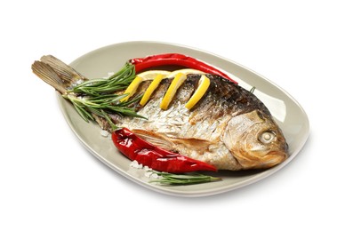 Photo of Tasty homemade roasted crucian carp with rosemary on white background. River fish