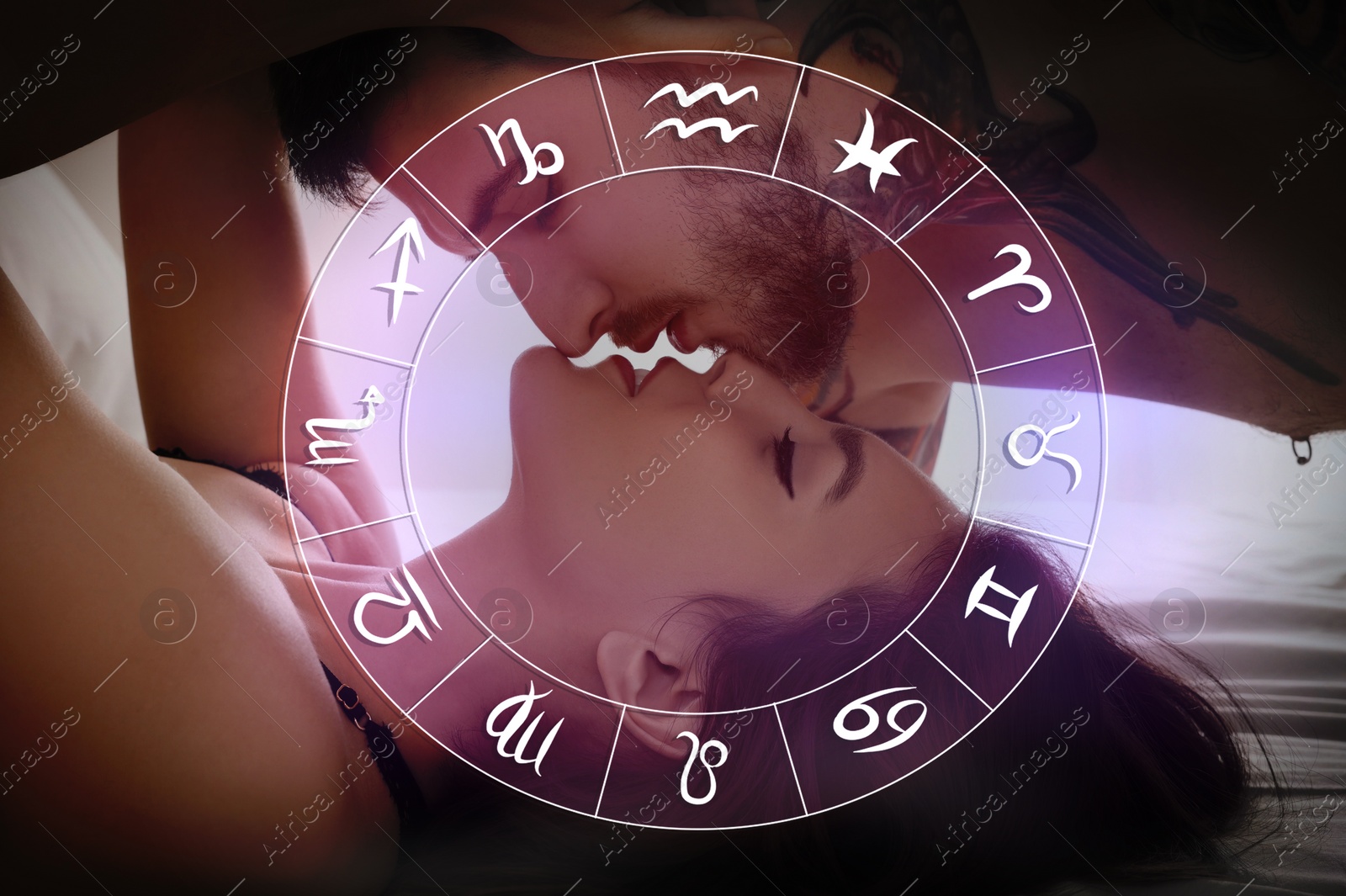 Image of Sexual compatibility. Zodiac wheel and passionate couple having sex on bed