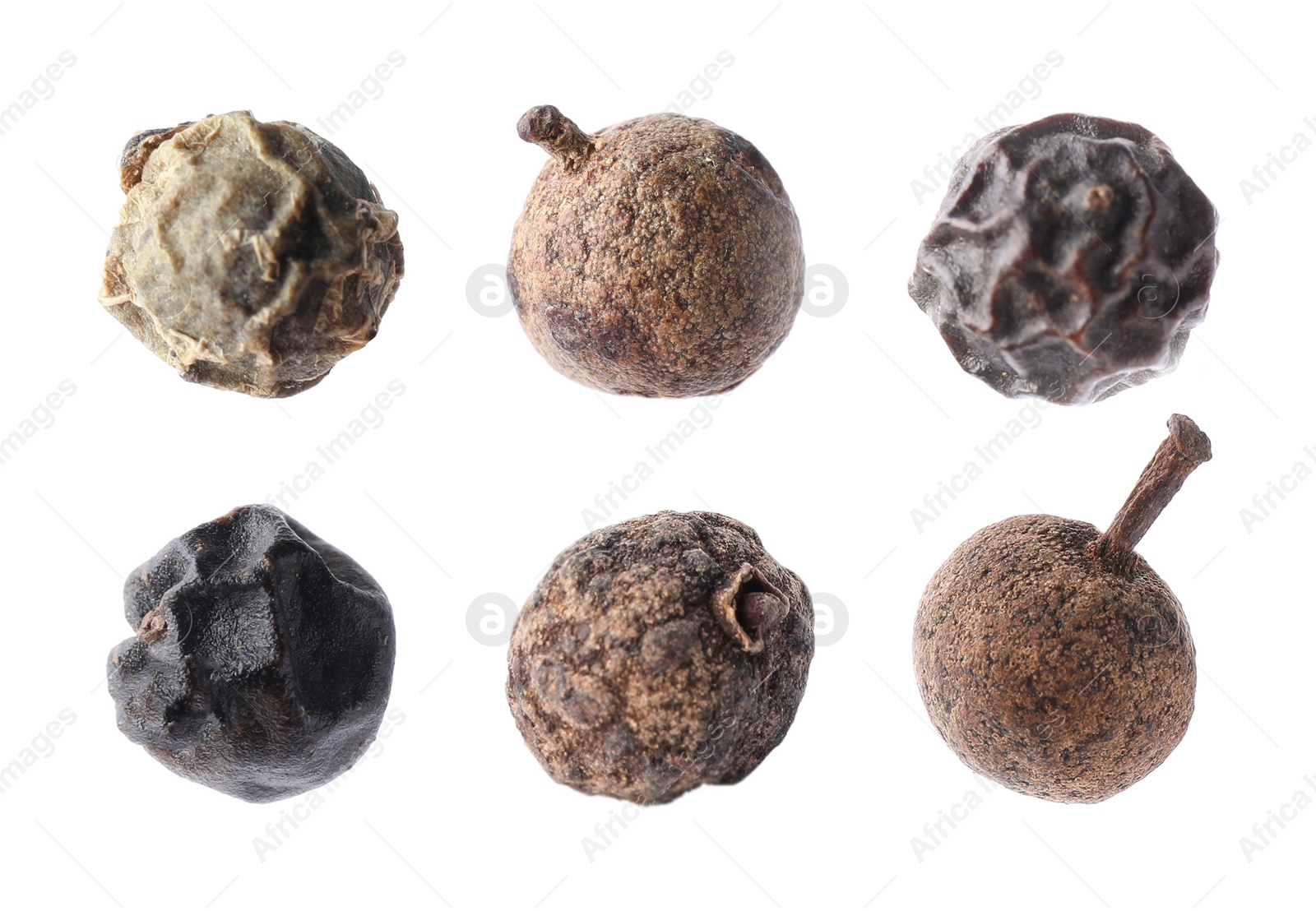 Image of Set of different peppercorns on white background