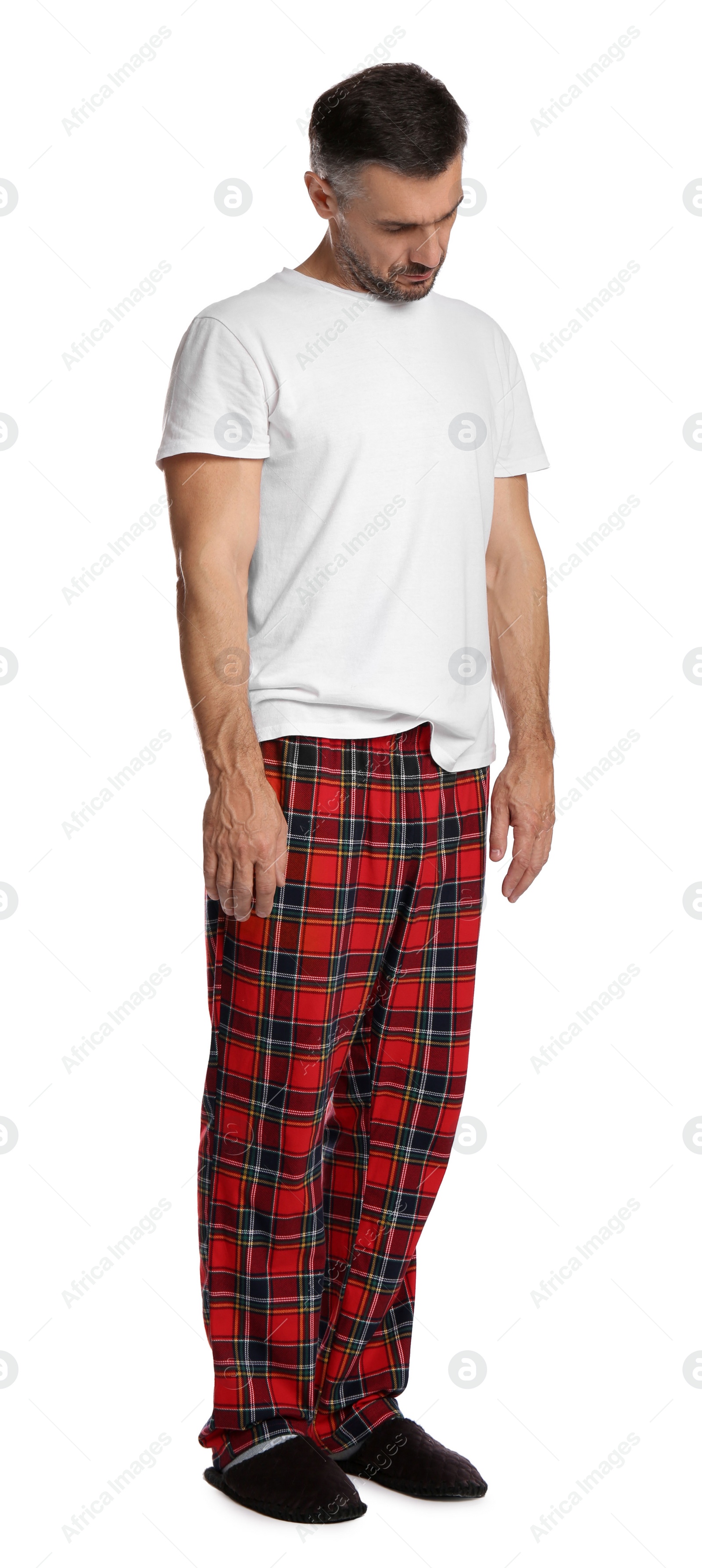 Photo of Man in sleepwalking state on white background