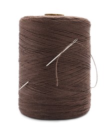 Brown sewing thread with needle on white background