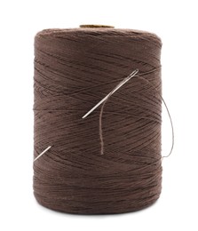 Photo of Brown sewing thread with needle on white background