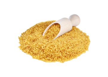 Photo of Wooden scoop with uncooked bulgur isolated on white