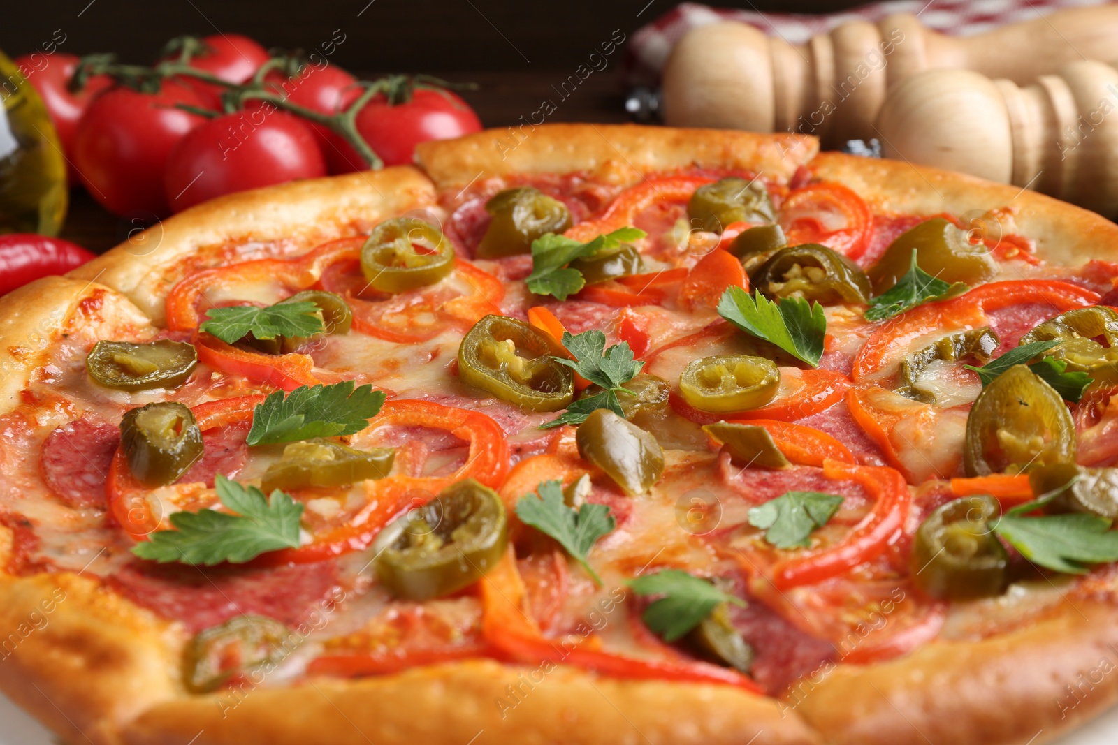 Photo of Delicious hot pizza Diablo on table, closeup