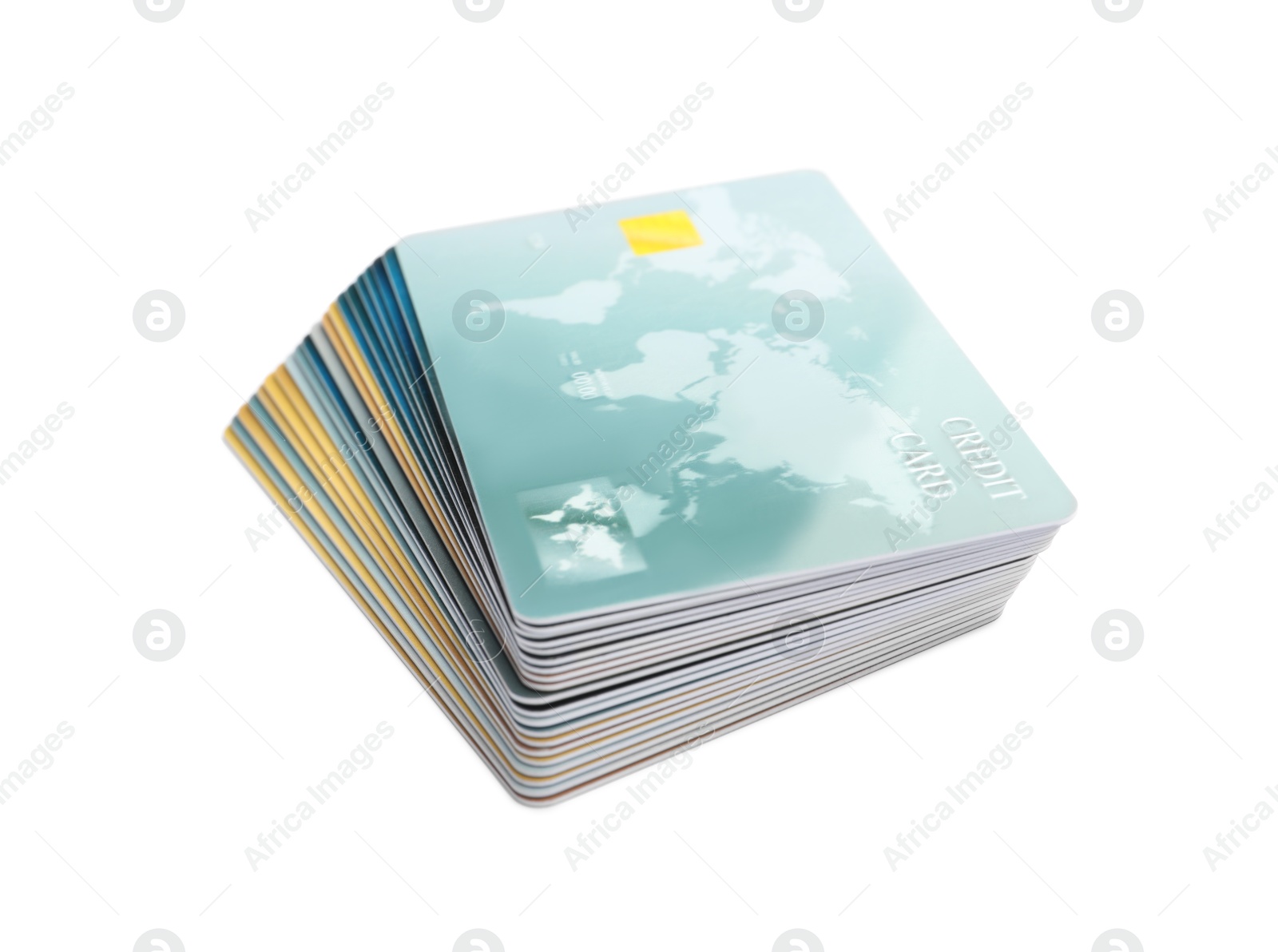 Photo of Stack of plastic credit cards on white background