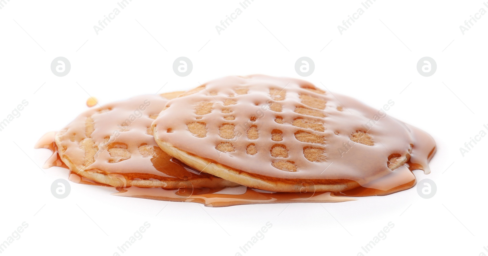 Photo of Tasty pancakes with honey on white background