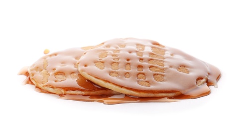 Photo of Tasty pancakes with honey on white background