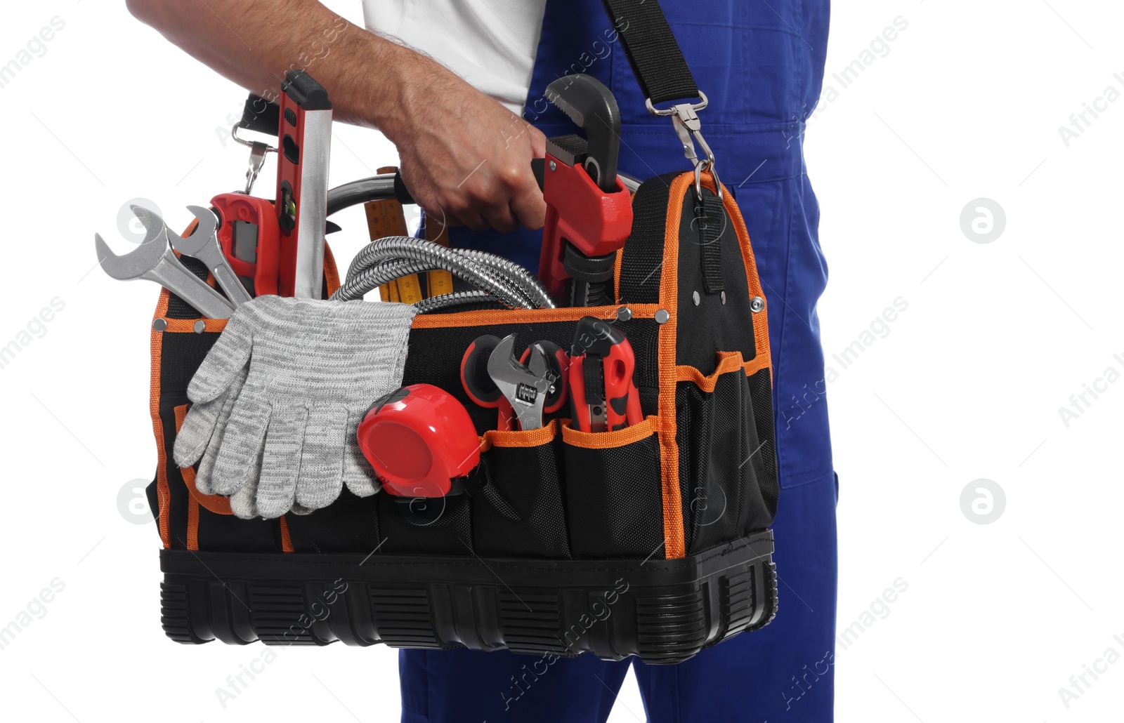 Photo of Professional plumber with tool bag on white background, closeup