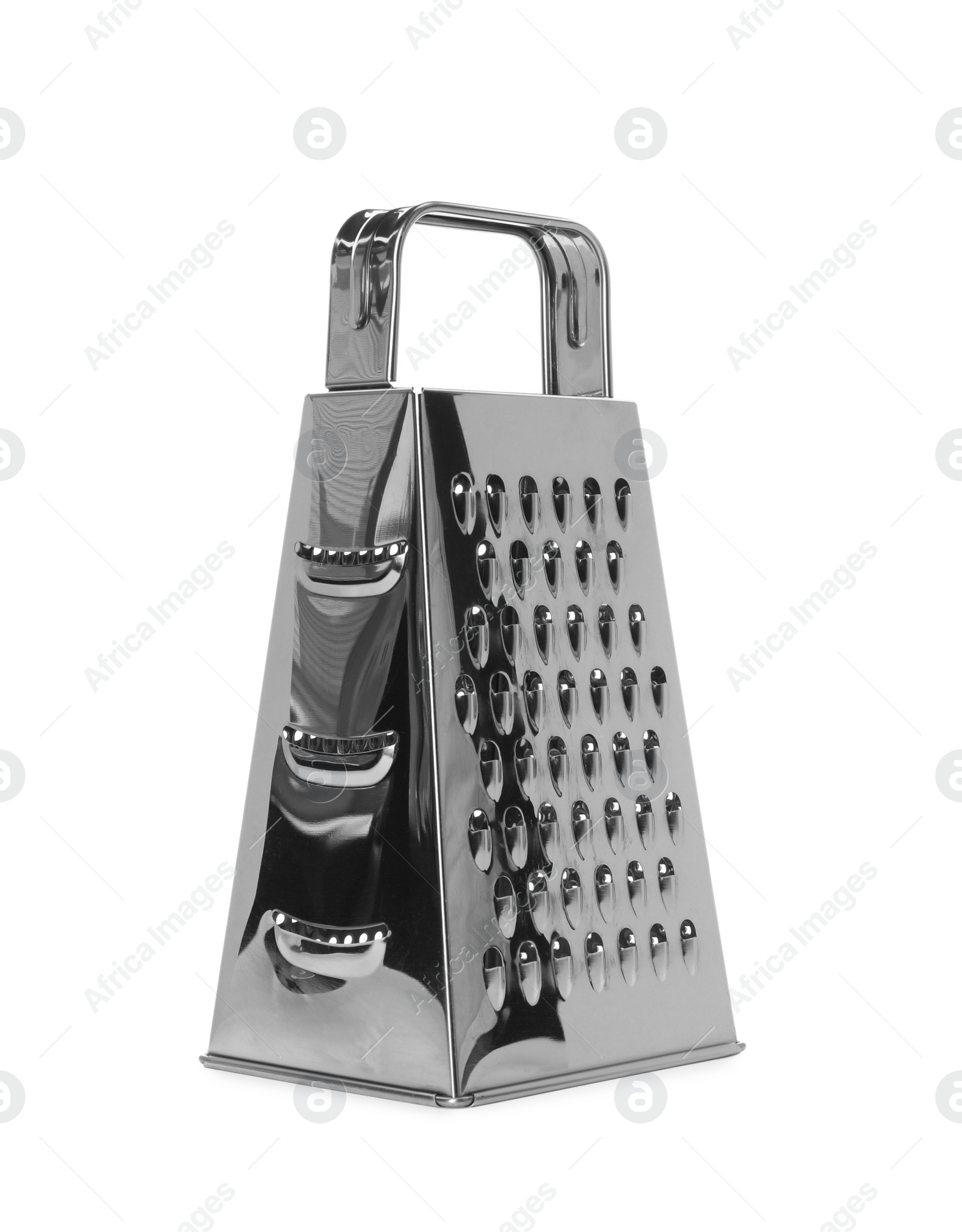 Photo of Stainless steel grater on white background. Kitchen utensil