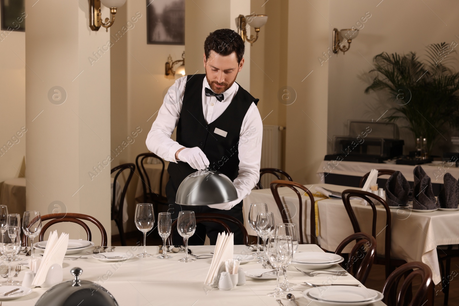 Photo of Man setting table in restaurant. Professional butler courses