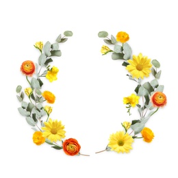 Image of Wreath made of beautiful flowers on white background