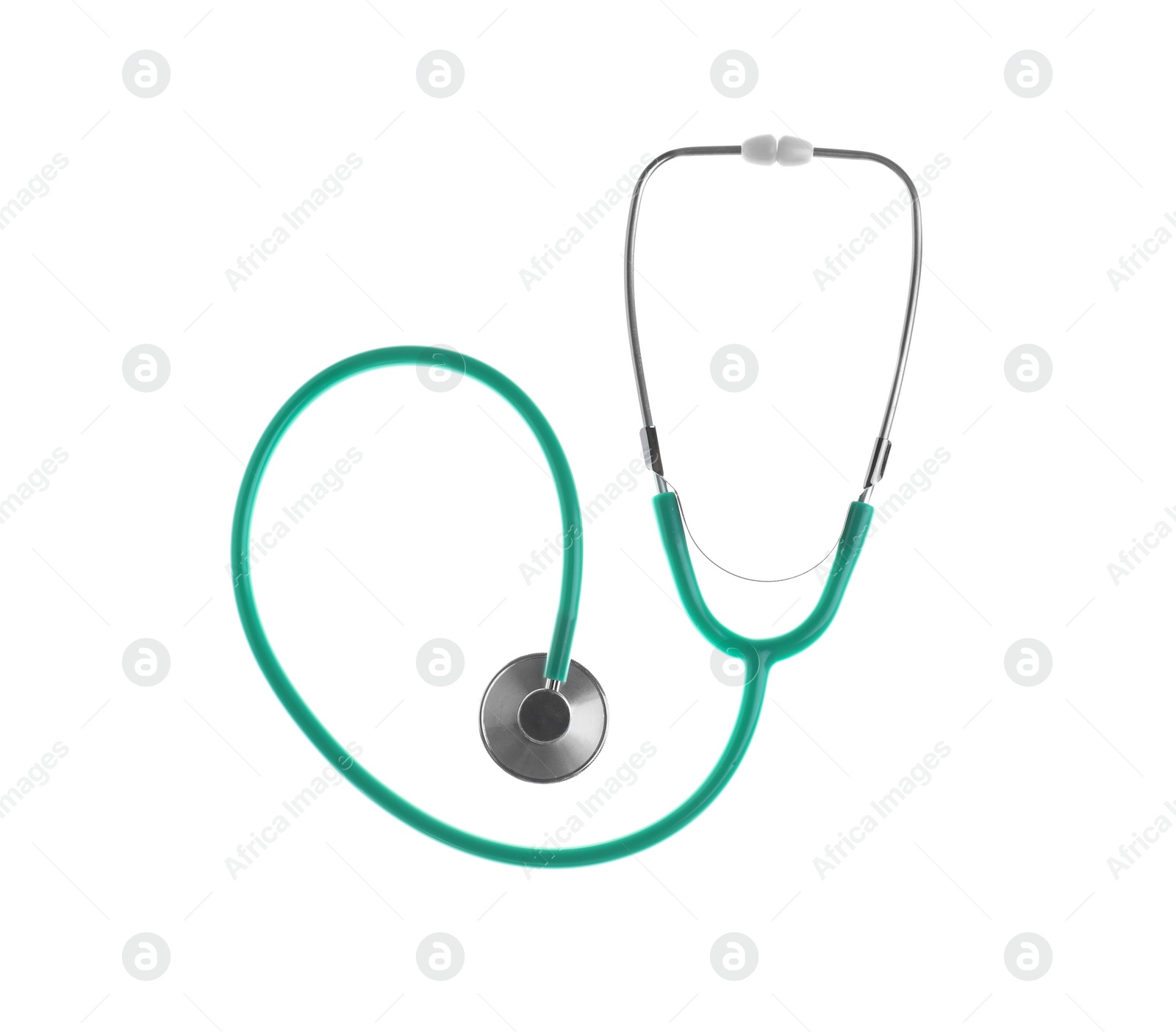 Photo of Stethoscope on white background, top view. Medical device