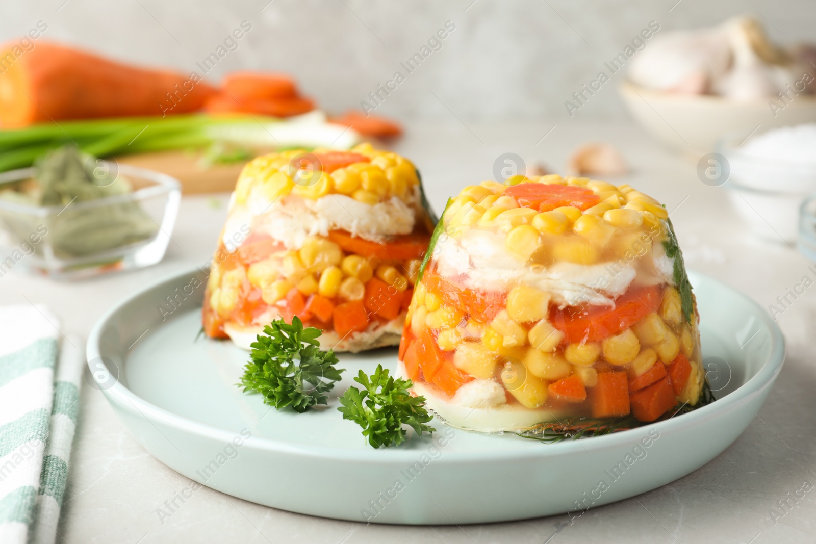 Photo of Delicious fish aspic served on light table