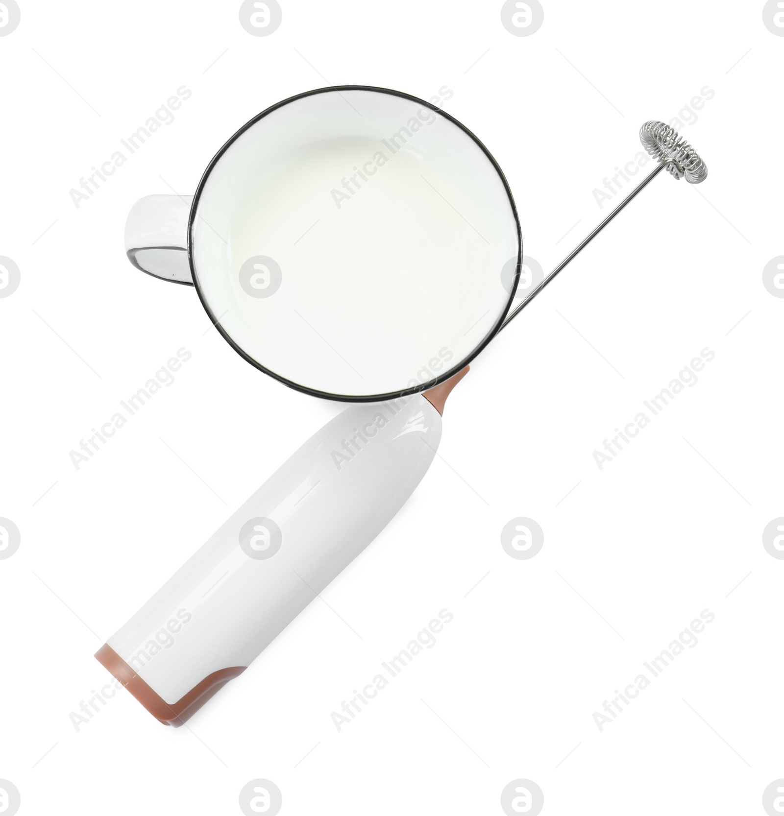 Photo of Milk frother wand and cup isolated on white, top view