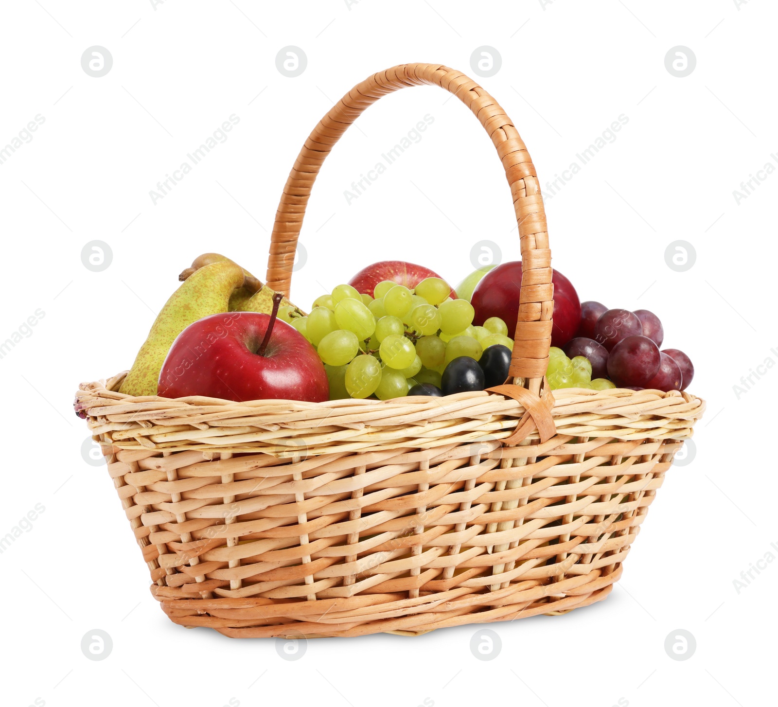 Photo of Many fresh fruits in wicker basket isolated on white