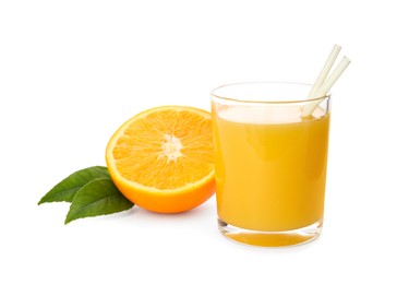 Orange juice, fruit and green leaves on white background