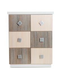 Photo of Stylish chest of drawers on white background. Furniture for wardrobe room