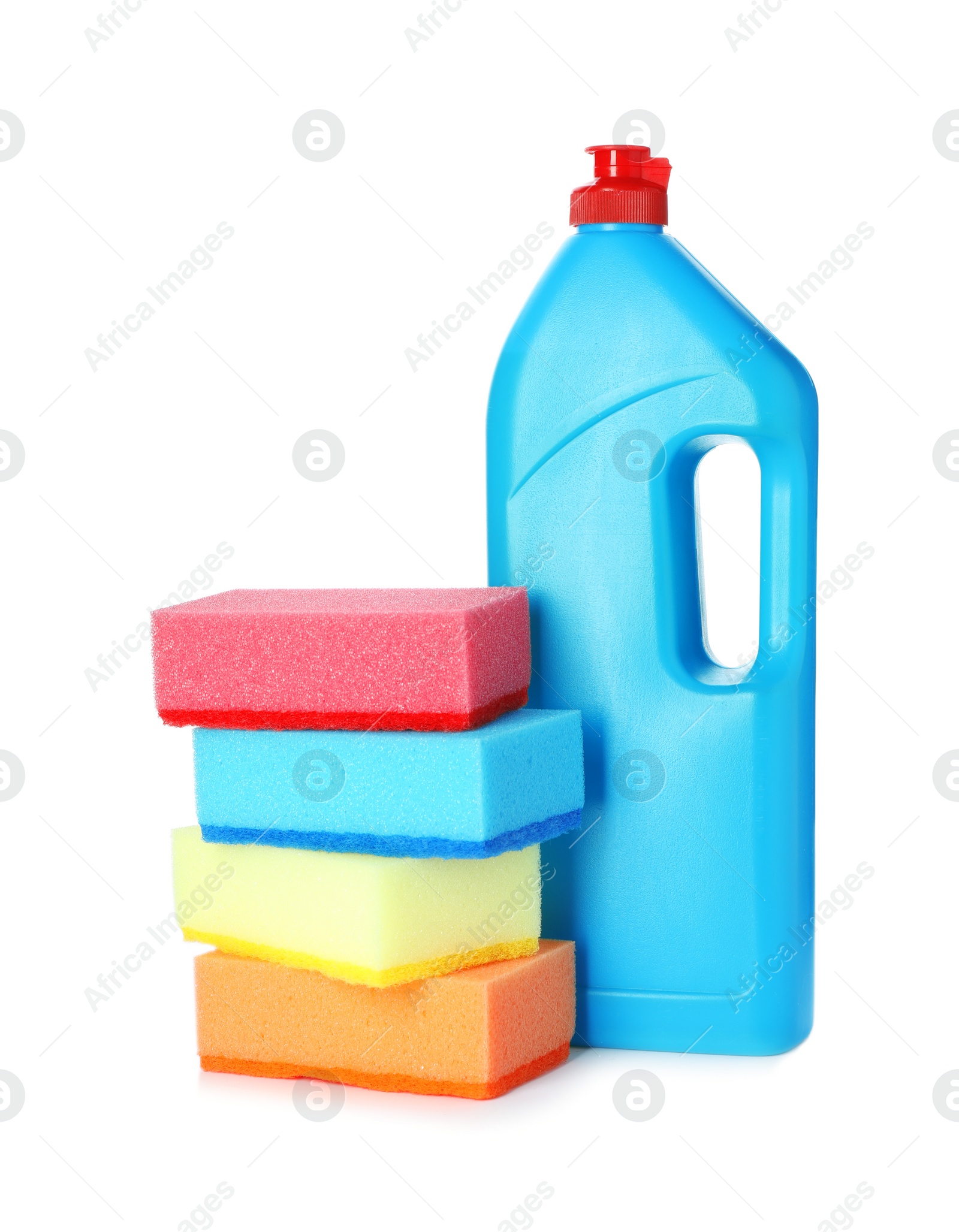 Photo of Cleaning product and sponges for dish washing on white background