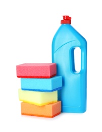 Photo of Cleaning product and sponges for dish washing on white background