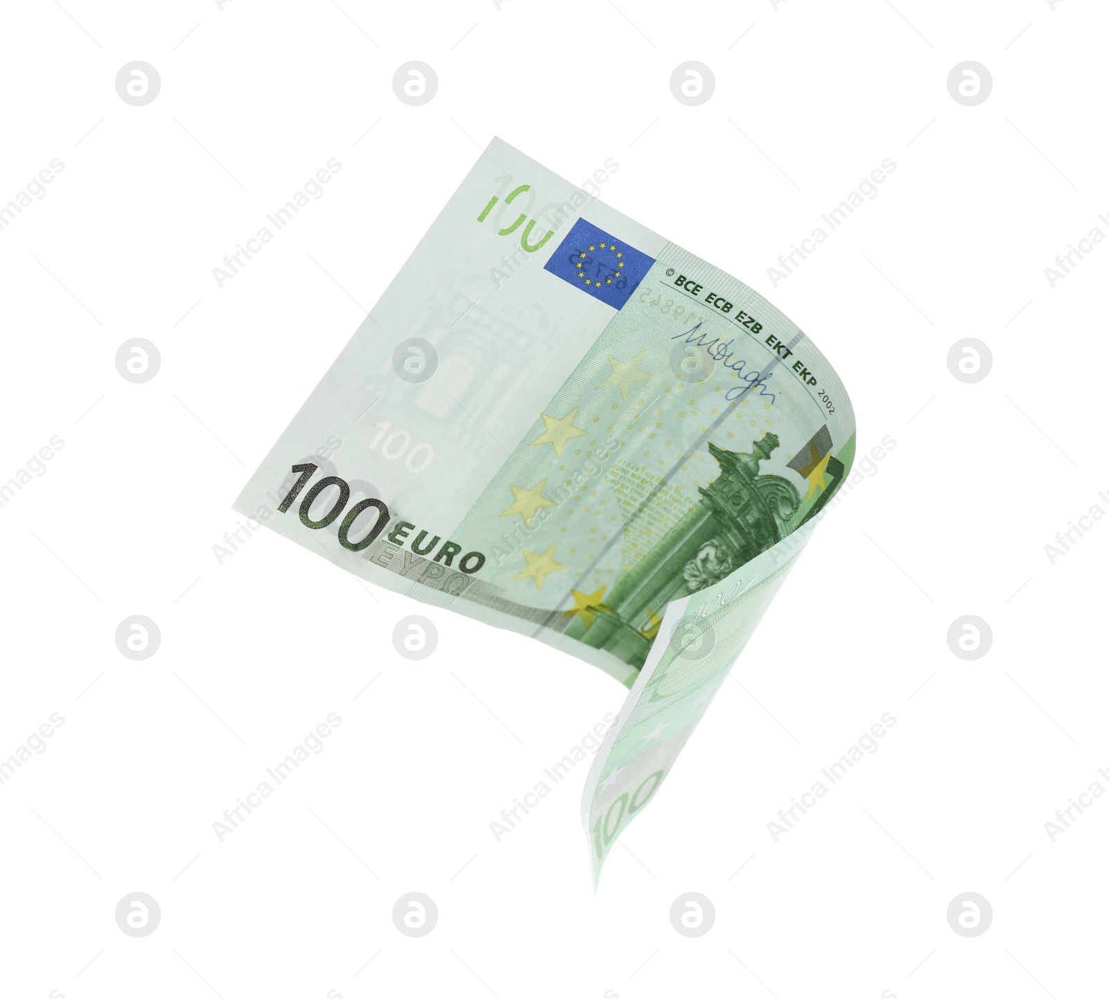 Photo of Euro banknote isolated on white. Flying money