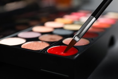 Colorful lip palette with brush on dark background, closeup
