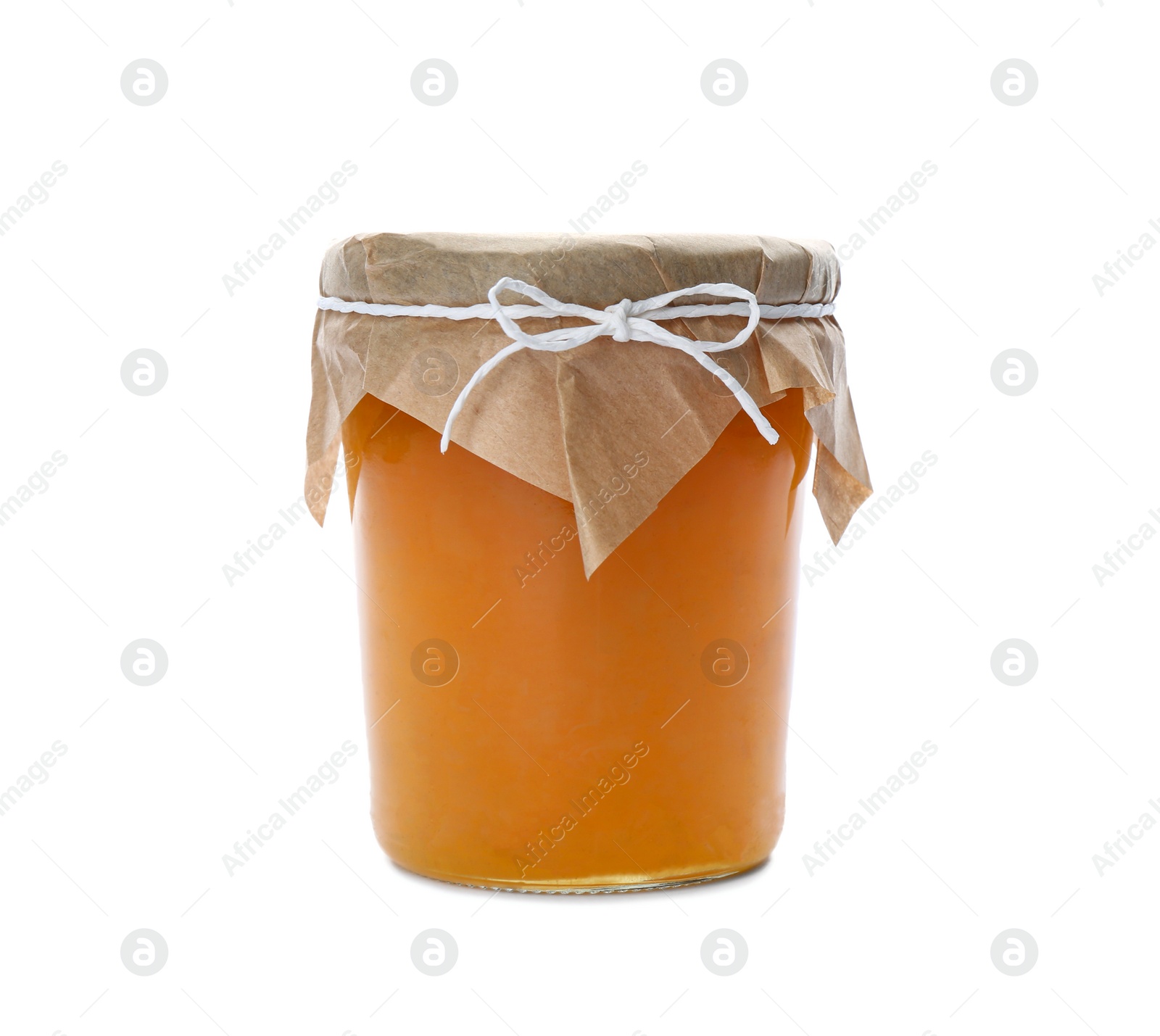 Photo of Delicious pear jam in glass jar isolated on white