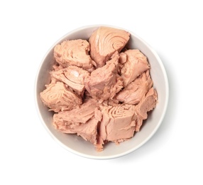 Photo of Bowl with canned tuna on white background, top view