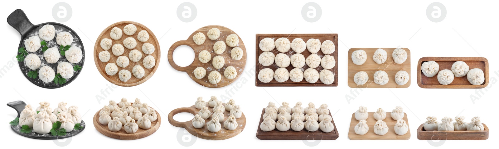 Image of Set of uncooked khinkalis (dumplings) isolated on white, top and side views